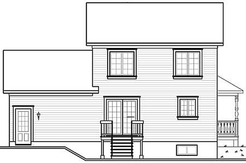 House plan exterior: Two-story home with gabled roof, double door patio entrance with railing, and a side door.