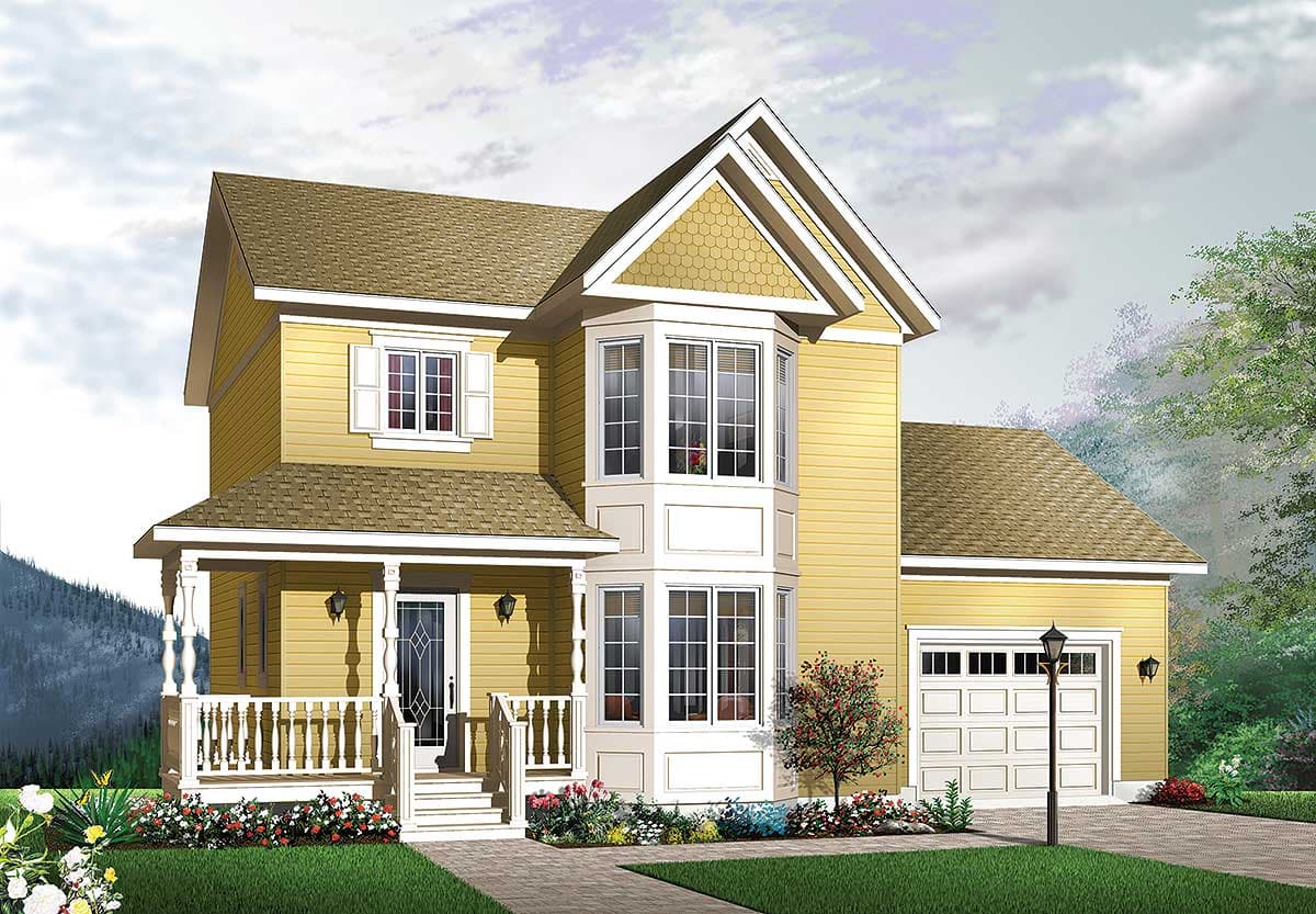 House plan exterior: Two-story home with a covered front porch, bay window, gabled dormer, and attached two-car garage.