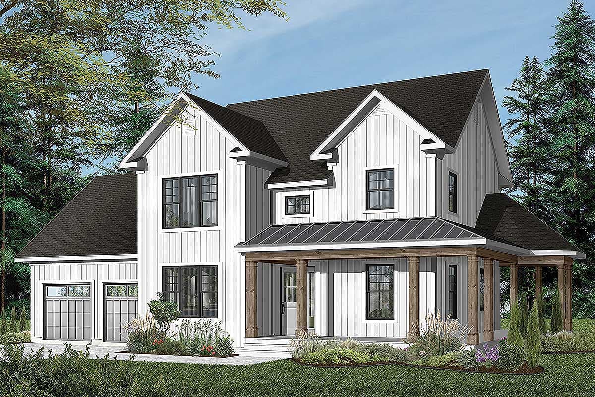 Modern Farmhouse house plan exterior: two stories, white board-and-batten siding, gables, and a covered front porch with wood posts.