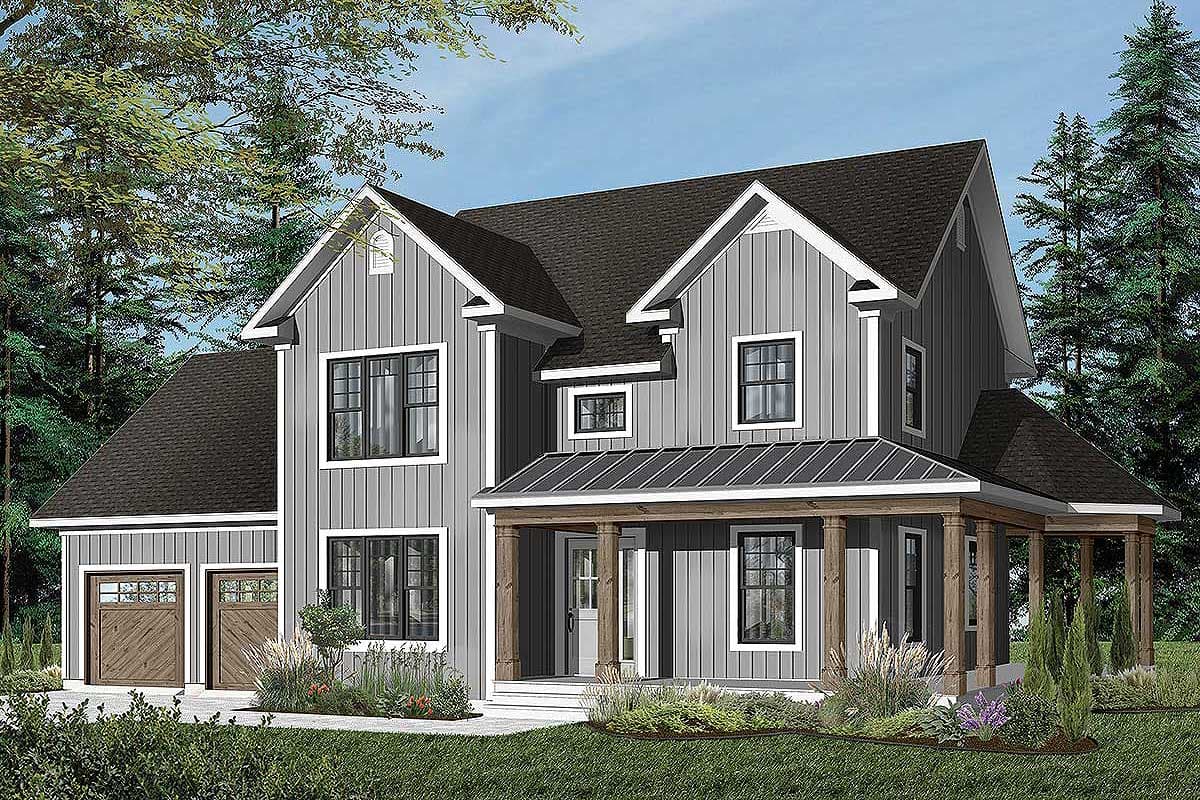 Modern Farmhouse house plan exterior, two stories, with gables, a covered porch, and a side-entry two-car garage.
