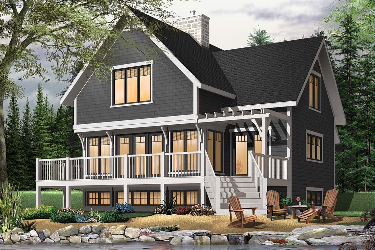 House plan exterior: two-story modern farmhouse with wrap-around deck, gables, and stone chimney.