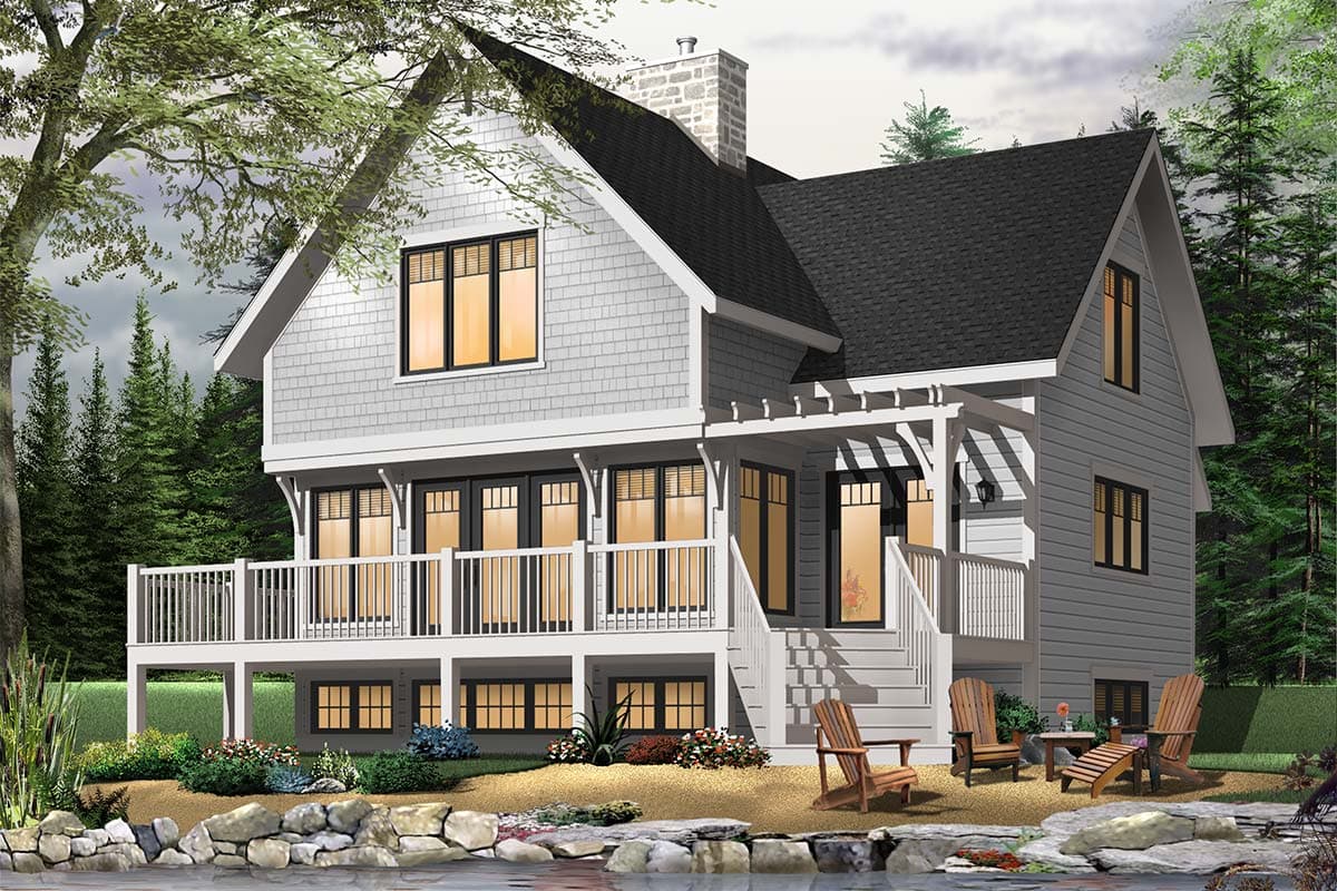 House plan exterior: Two-story modern farmhouse with prominent gables, expansive deck, and stone chimney.