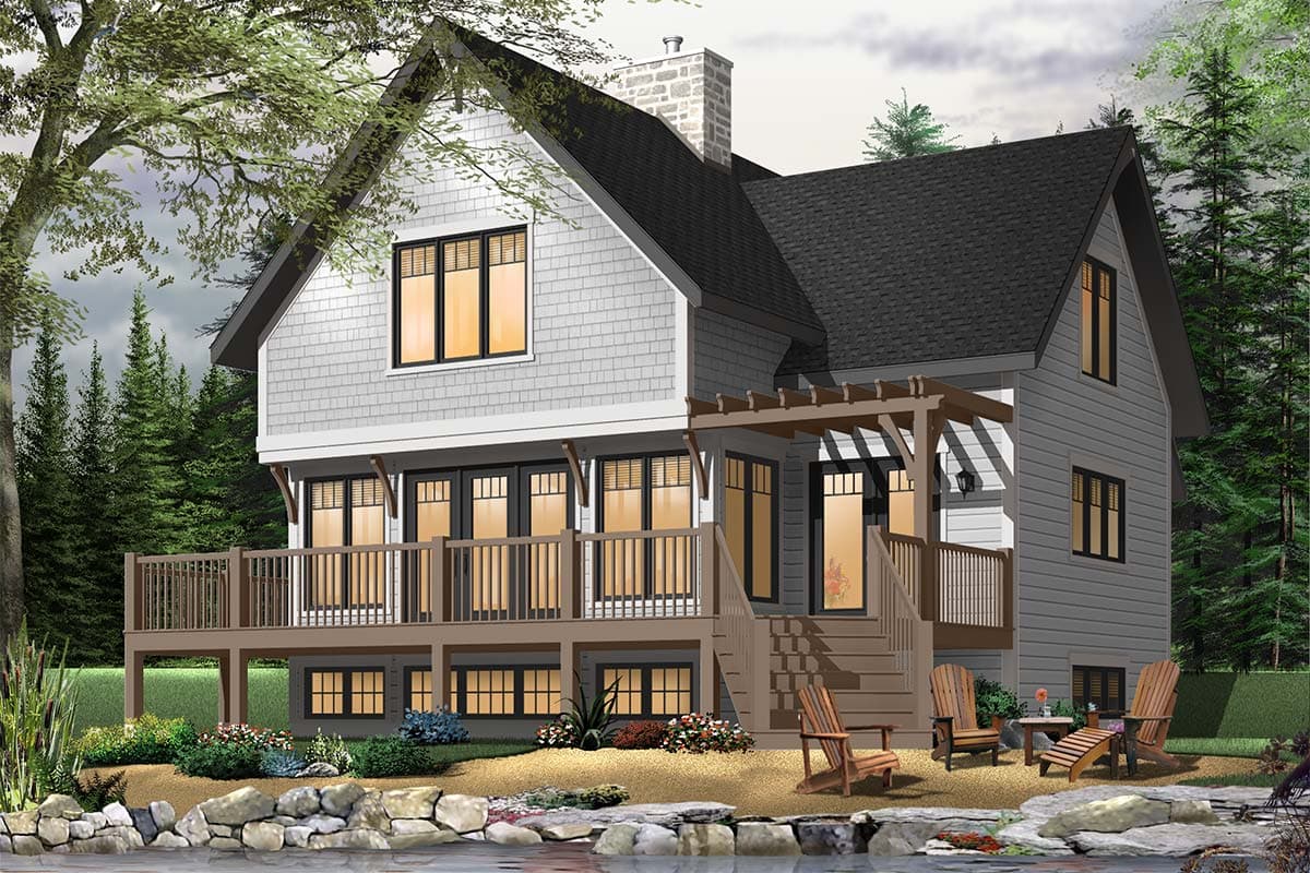House plan exterior of a two-story Modern Farmhouse with a large deck, prominent gables, and stone chimney.