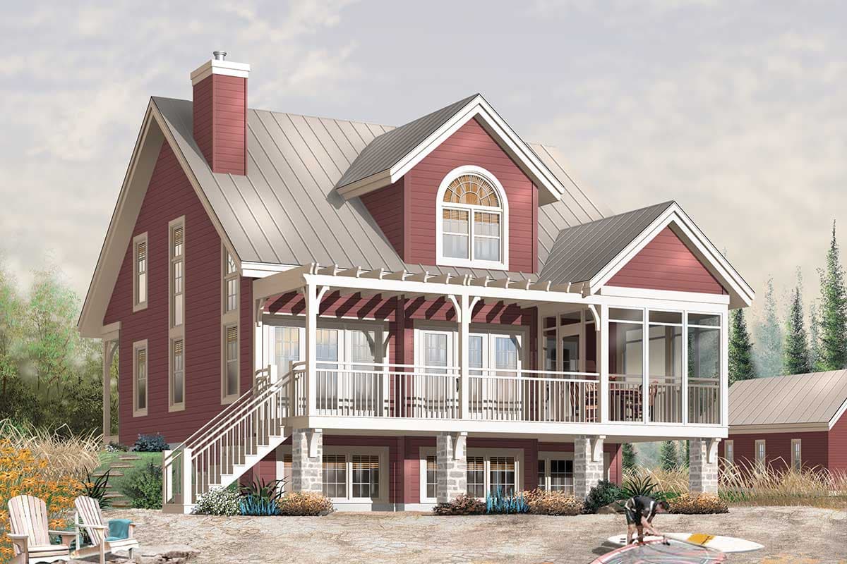 House plan exterior: Two-story home with metal roof, prominent gable, arched dormer, and wraparound porch with pergola.