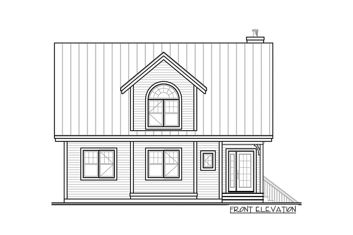 Front elevation drawing of a two-story house with a gable dormer and arched window.