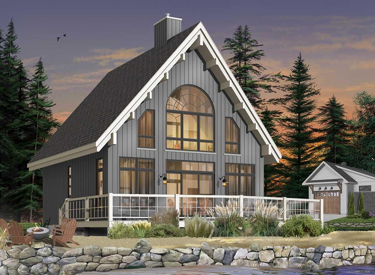 House plan exterior: Two-story modern A-frame with large arched window, wrap-around deck, and prominent gable.
