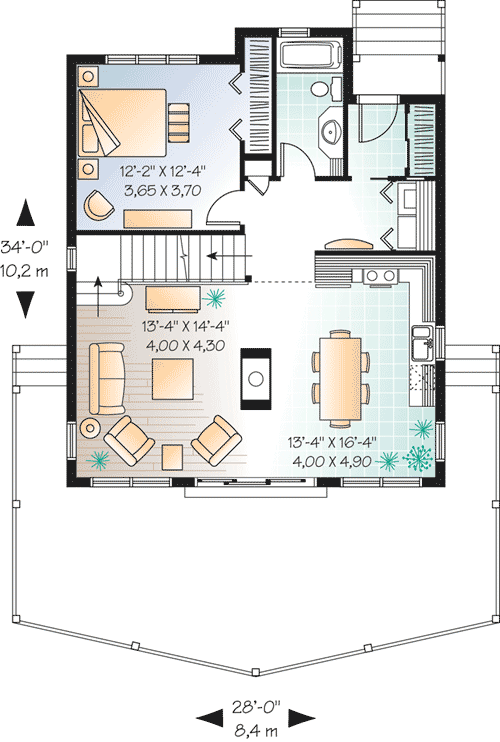 Plan 21553DR: Charming 3-Bedroom Cottage with Wraparound Porch - 1300 Sq Ft - Floor Plan - Main Level - A-Frame, Cabin, Cottage, Country, Vacation