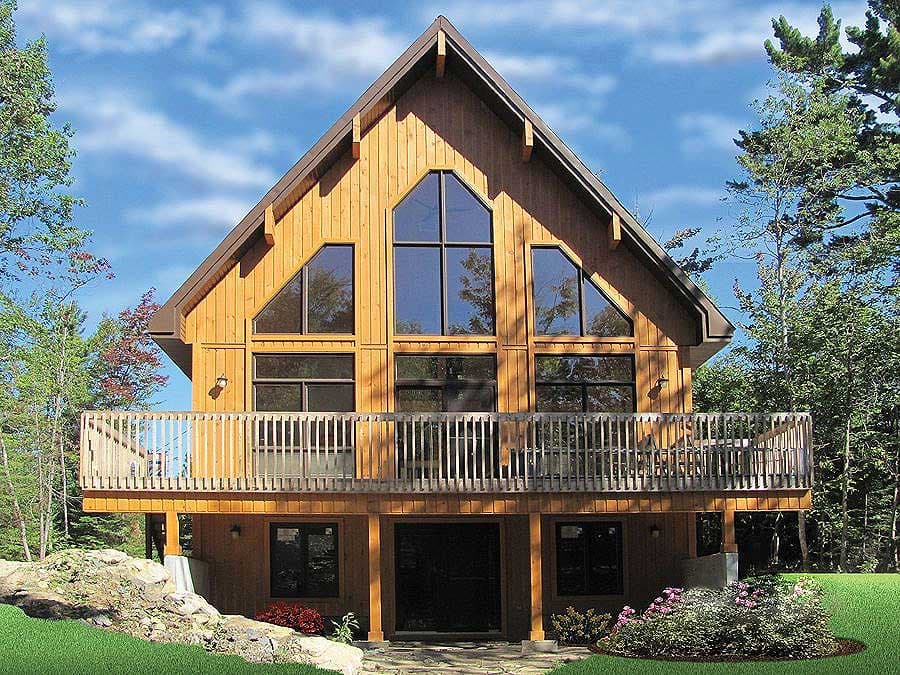 House plan exterior of a two-story wooden home with a prominent A-frame roof and large triangular windows.