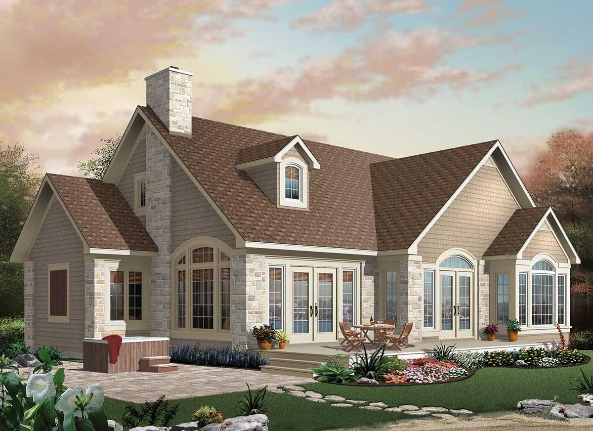 House plan exterior with stone veneer, dormers, and a gable roofline. Includes a patio with double doors leading to the house.