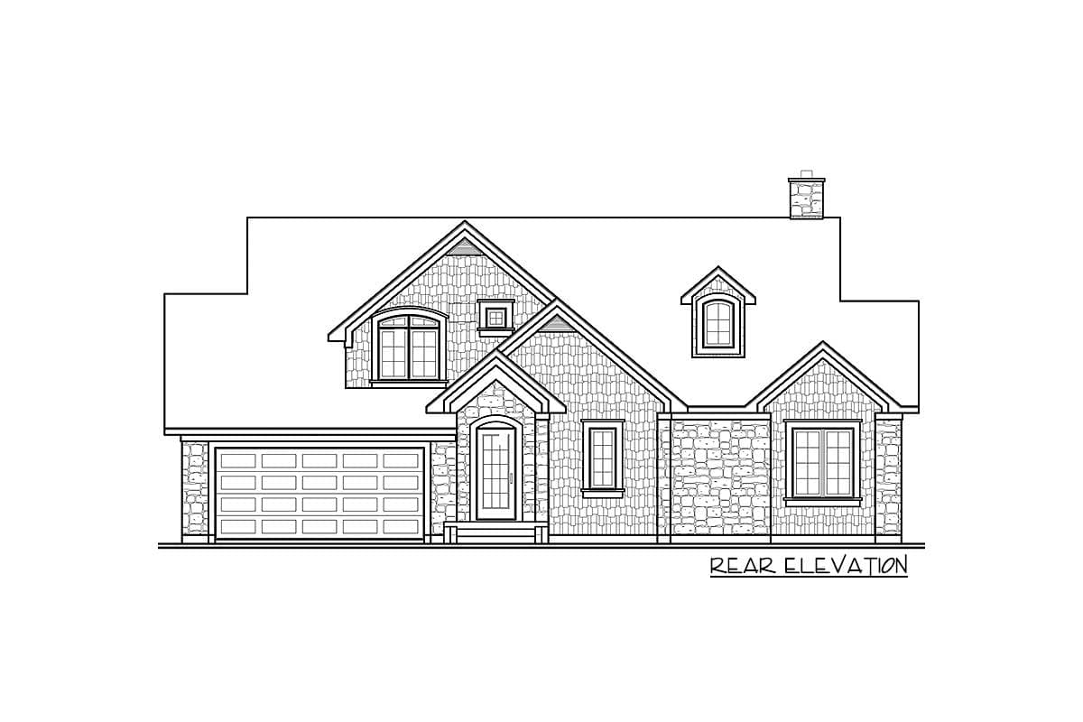 Rear elevation house plan drawing showing a two-story house with attached garage, multiple gables, dormer window, and stone exterior.