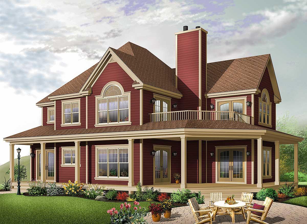 House plan exterior: Two-story home with wraparound porch, arched dormers, prominent chimney, and second-story balcony.