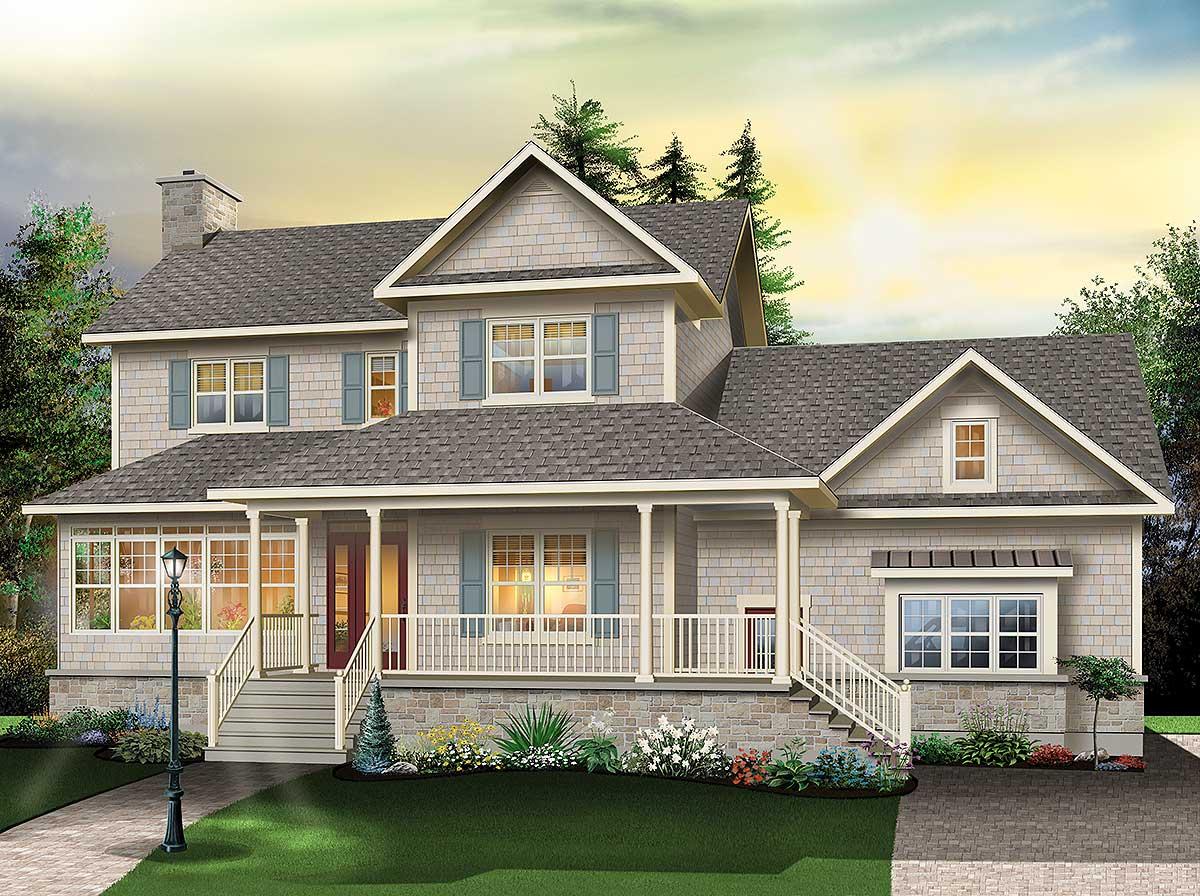 House plan exterior shows a two-story home with a wraparound porch, stone foundation, and multiple gables.