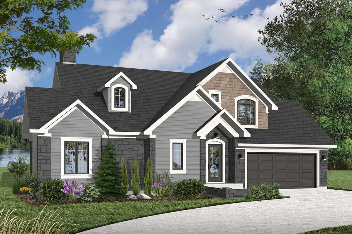 House plan exterior: Two-story Modern Farmhouse with stone base, front-facing gables, dormer, and attached garage.
