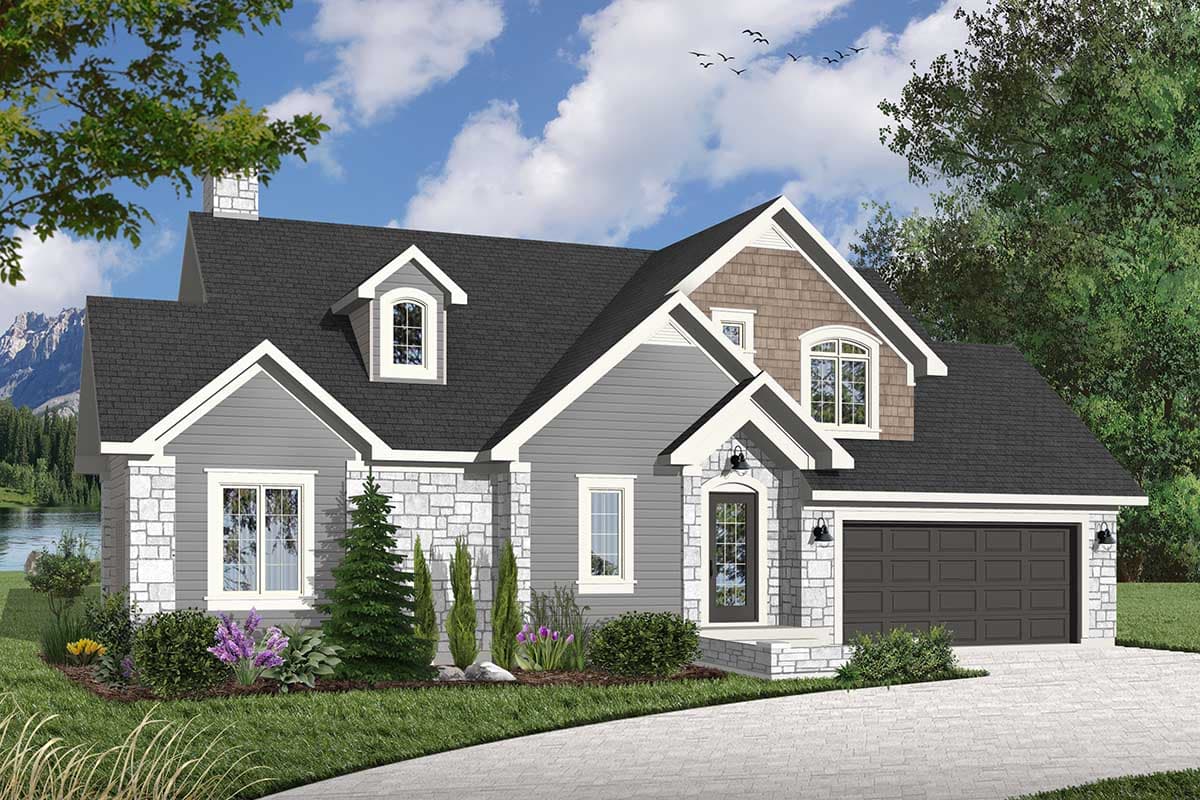 House plan exterior: One-story Modern Farmhouse with stone and siding, dormers, and attached two-car garage.