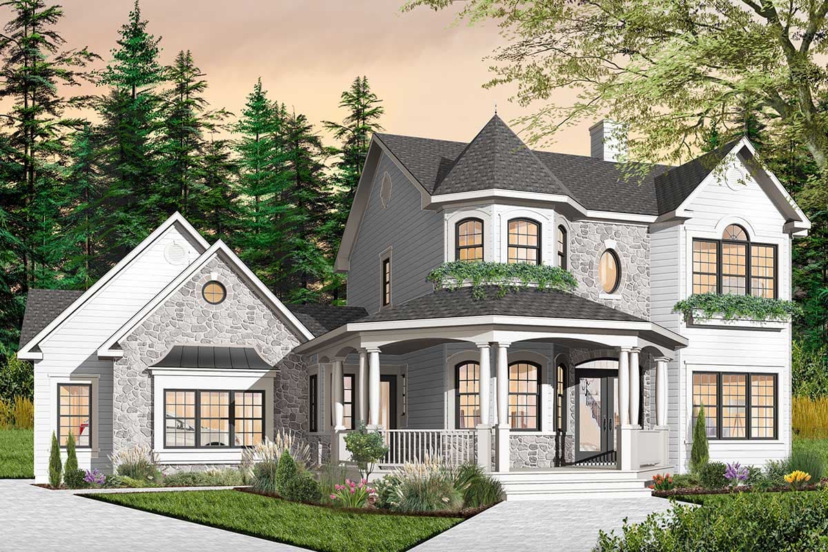 House plan exterior: Two-story residence with stone accents, prominent gables, arched dormers, and a wrap-around porch.