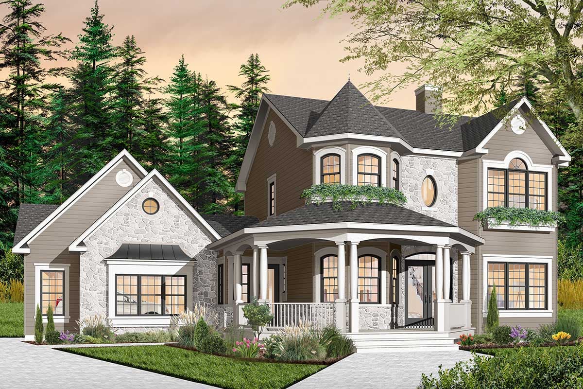 House plan exterior featuring stone and siding, multiple gables, a turreted bay window, and a wrap-around porch.
