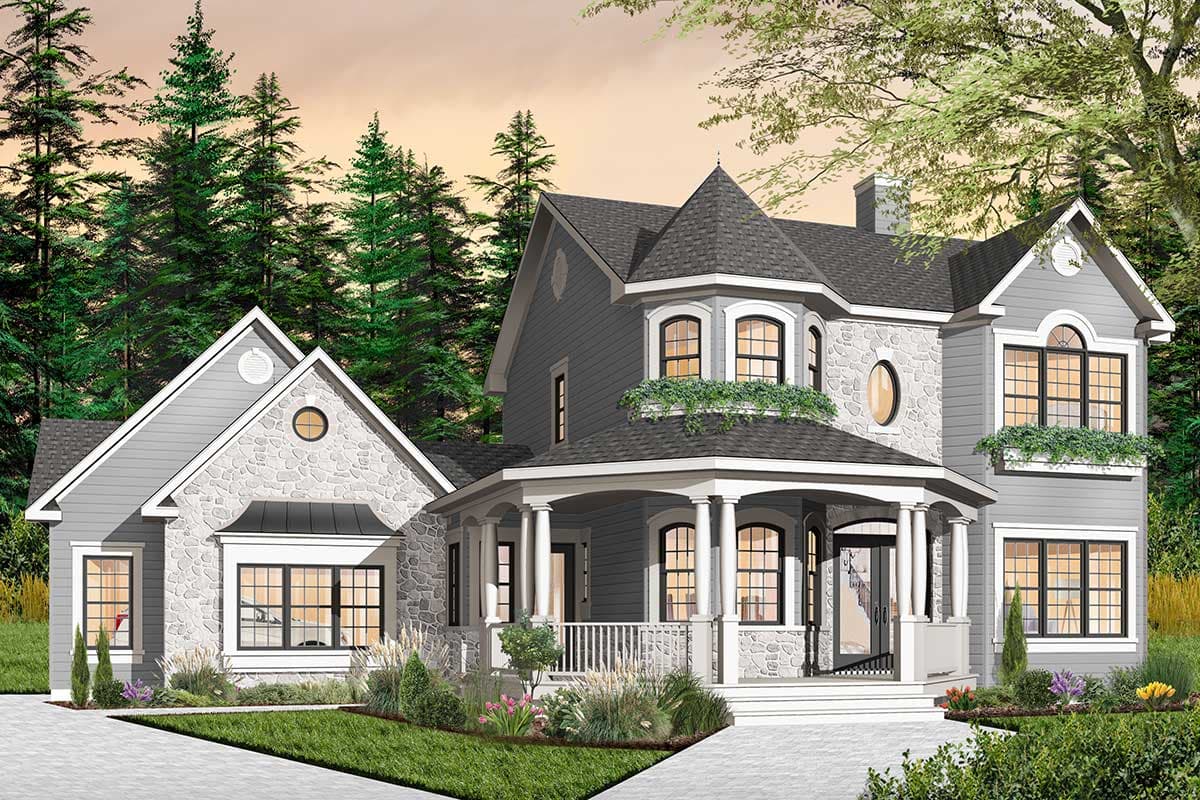 House plan exterior featuring stone and siding, a wraparound porch with columns, and a prominent turret.