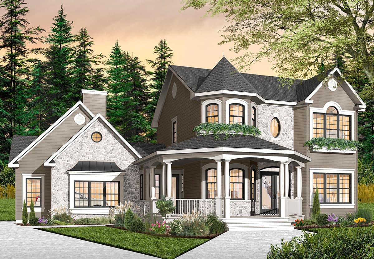 House plan exterior of a two-story home with stone accents, gables, a turret, and a wraparound porch supported by columns.