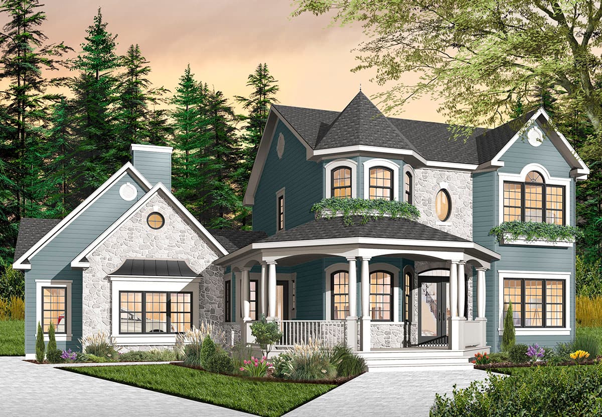 House plan exterior featuring a two-story design with stone accents, a wrap-around porch, gabled dormers, and a turret.