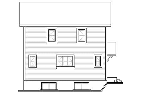 Floor plan drawing of a two-story house showing front elevation with clapboard siding, multiple windows, and a balcony.
