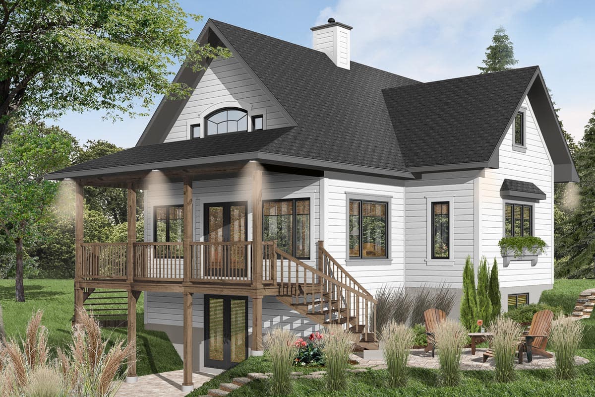 House plan exterior with two stories, a covered porch, and a gabled roof. Features include a dormer window and a chimney.