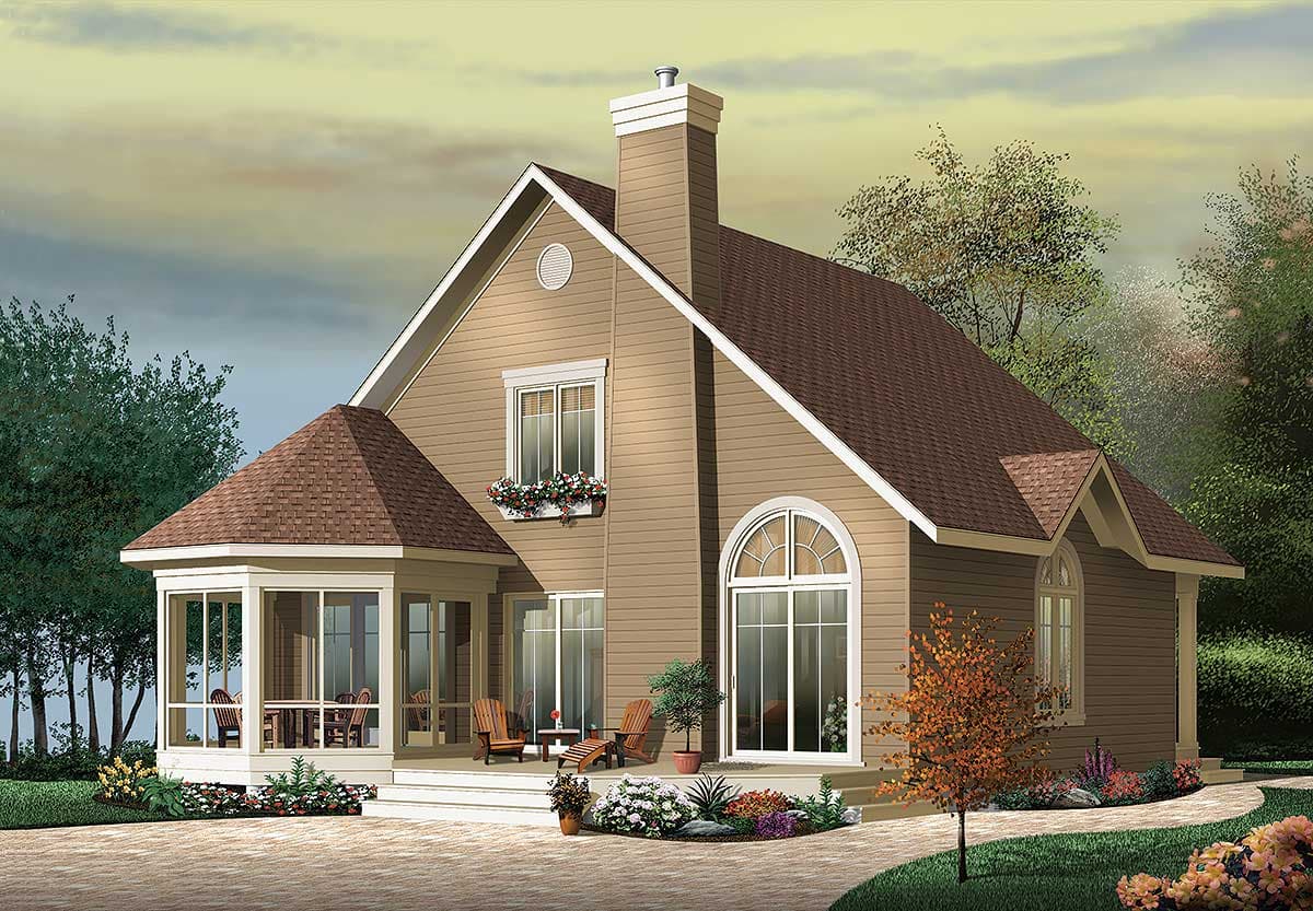 House plan exterior of a two-story home with a screened porch, prominent chimney, and arched window.