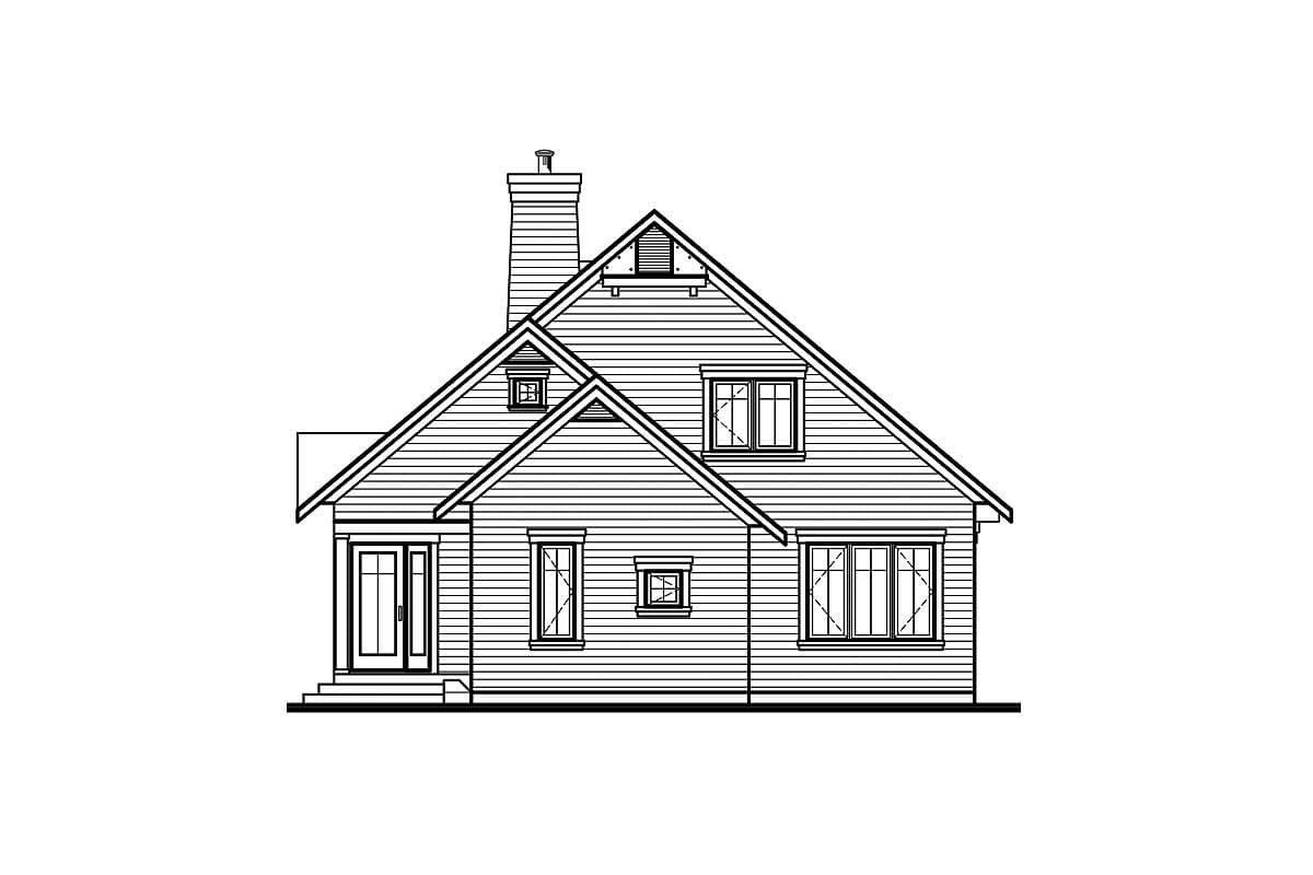 House plan exterior: Sidelight door, gable dormer, and prominent chimney on this siding-clad dwelling.