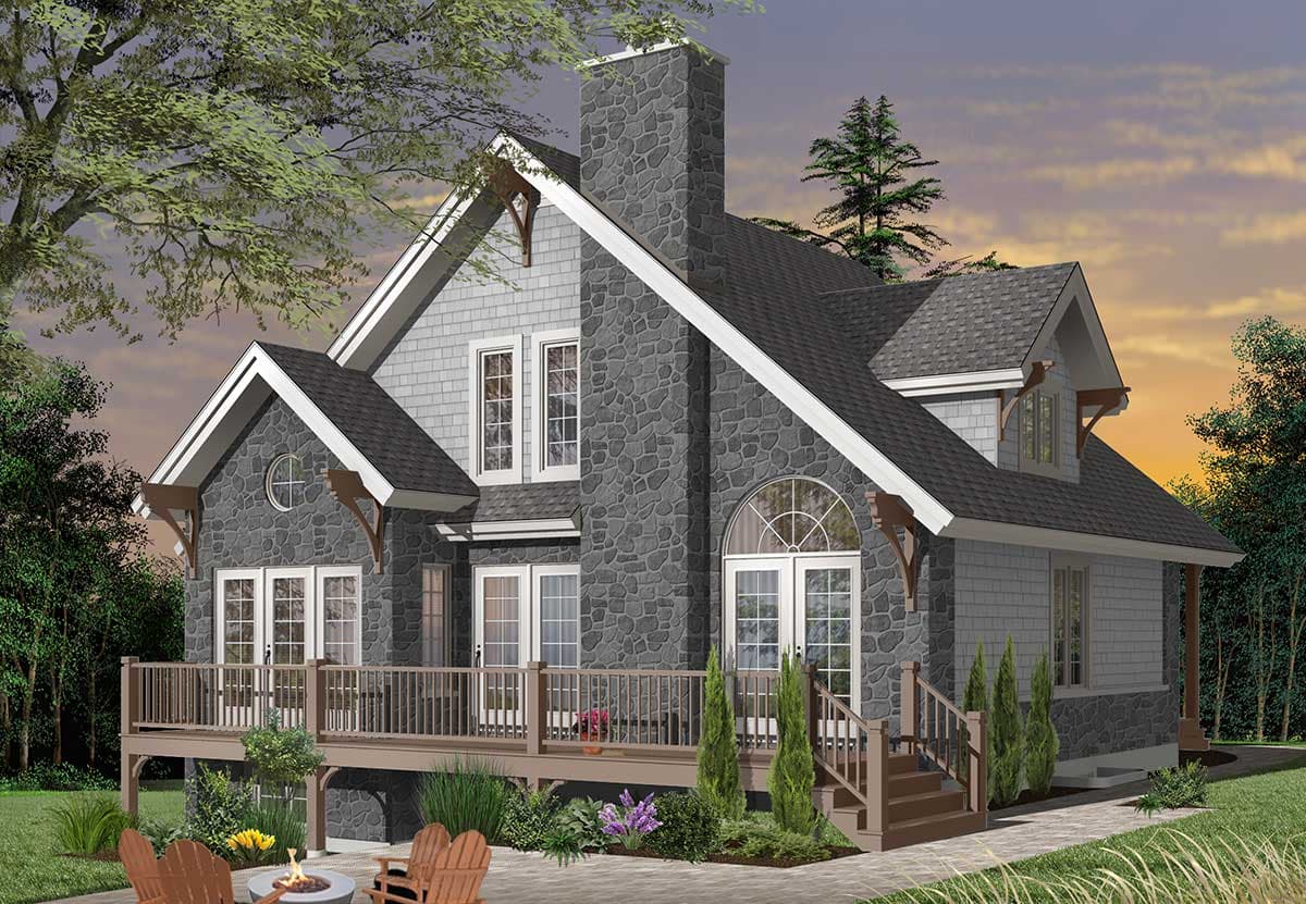 House plan exterior: Stone and shingle facade, two stories, prominent stone chimney, multiple gables, and a wraparound deck.