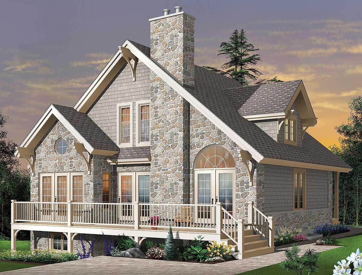 House plan exterior: Stone and shingle siding, prominent stone chimney, gables with decorative brackets, large deck, and arched dormer.