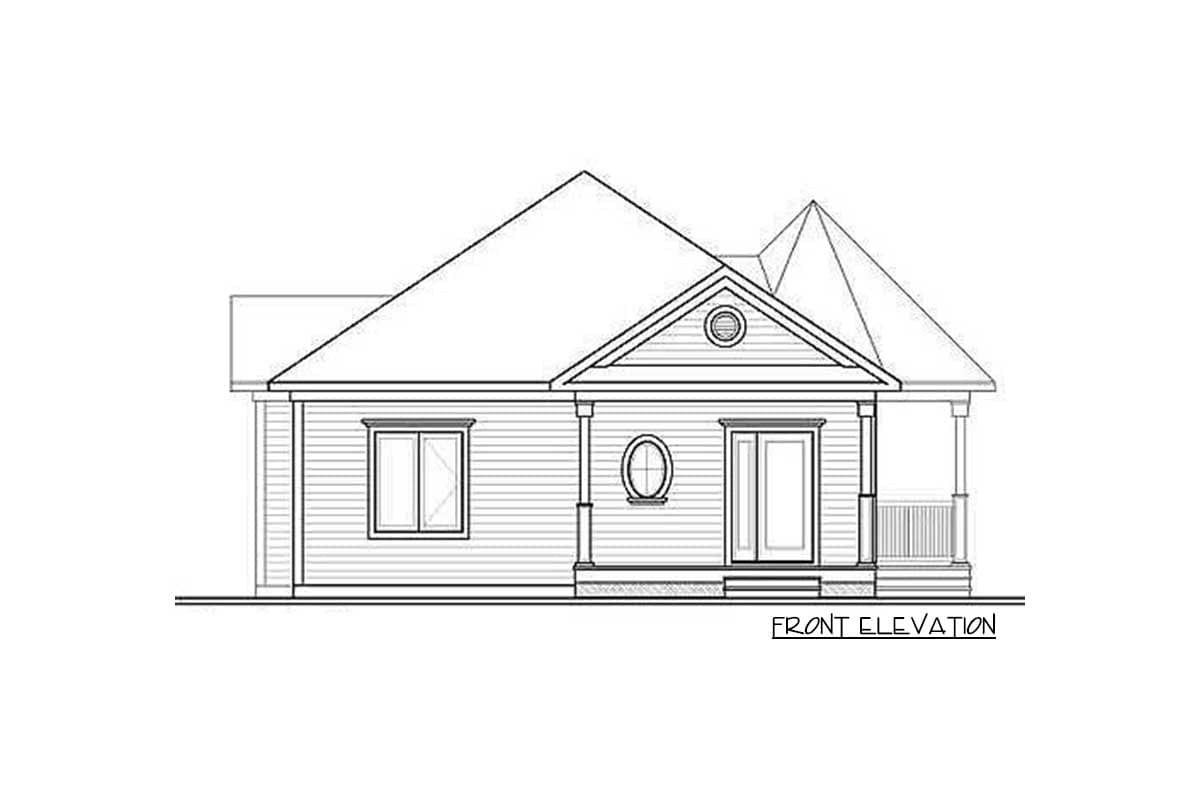 Front elevation drawing of a one-story house plan with a covered front porch, double entry doors, and gabled roof.