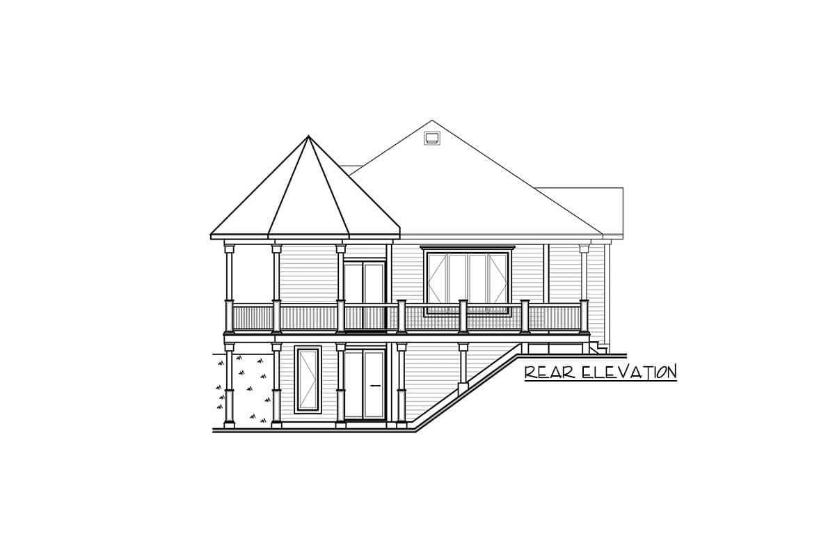Rear elevation drawing of a house with a wraparound porch, octagonal roof section, and visible foundation.