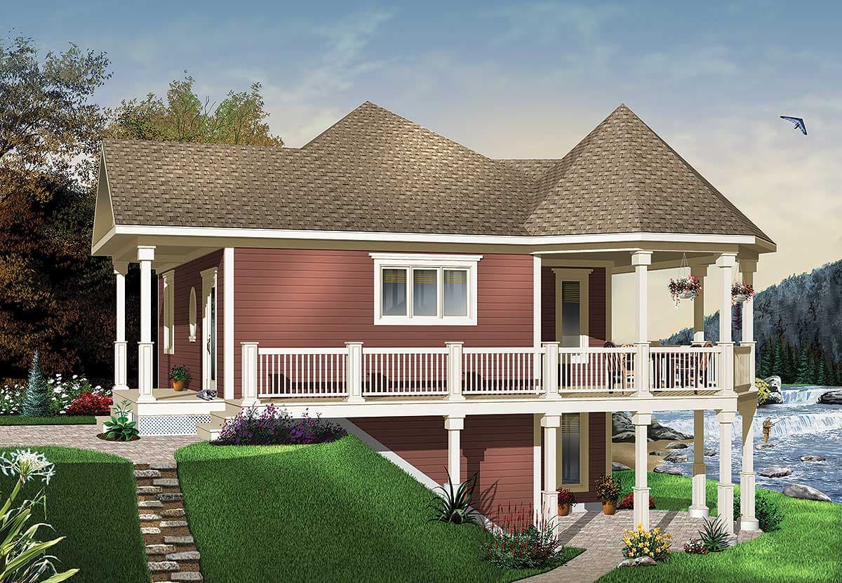 House plan exterior: Two-story home with wraparound porch, prominent gables, and stacked stone foundation.
