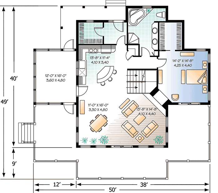 Plan 21569DR: Four-Season 3 Bedroom Lake House Plan with Drive Under Garage - 1832 Sq Ft - Floor Plan - Main Level - Cottage, Country, Craftsman, Mountain, Traditional, Vacation
