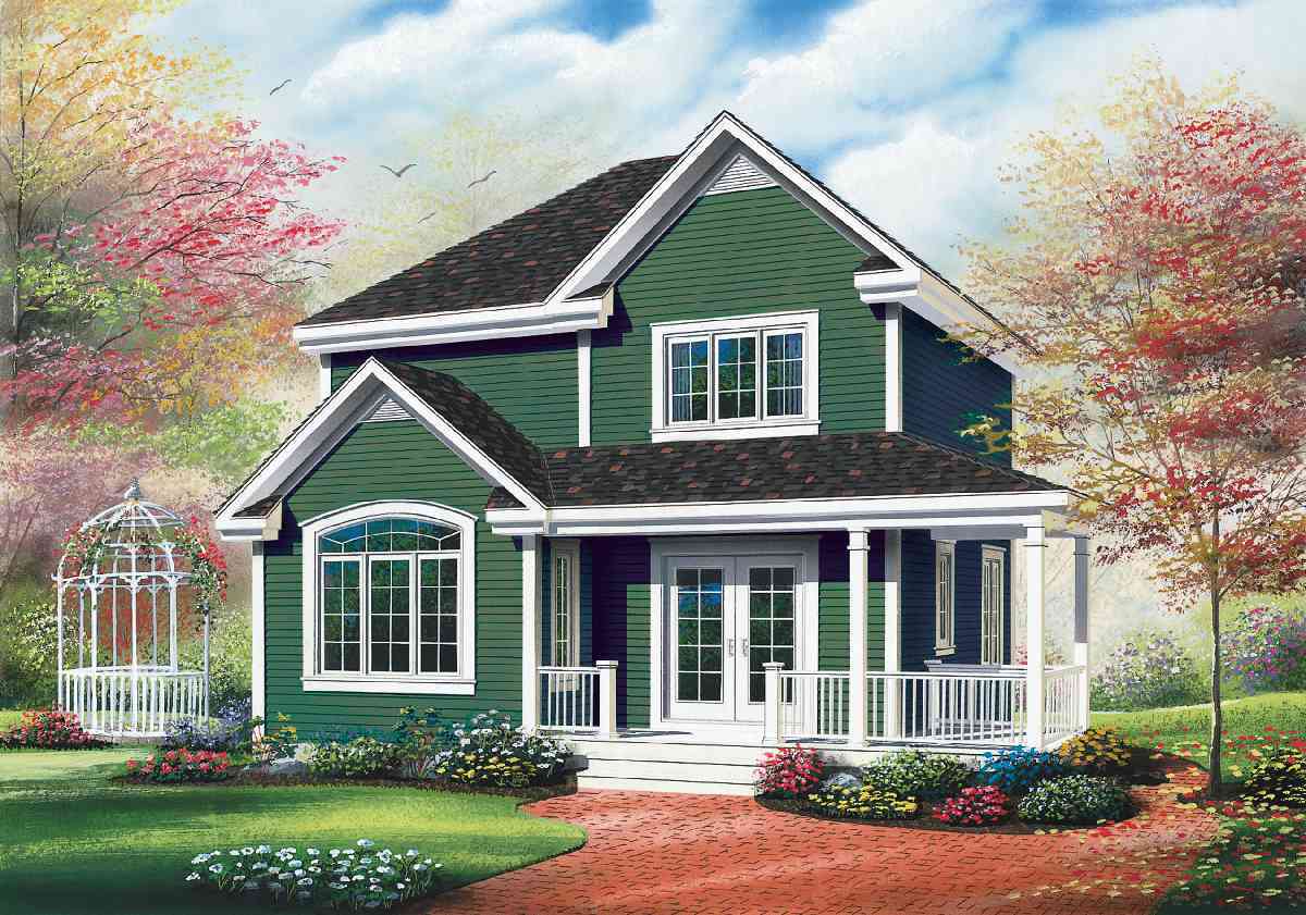 Two-story house plan exterior with gables, arched window, covered porch, and double front doors.