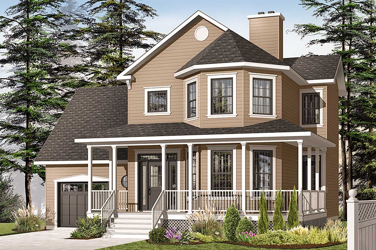 House plan exterior: Two-story home with wrap-around porch, prominent bay window, and attached garage.