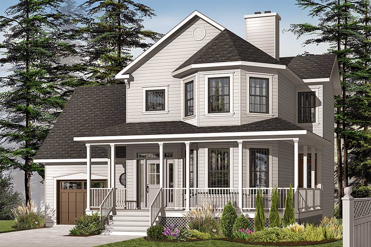 House plan exterior. Two-story home with a wrap-around porch, bay window, gables, and a detached garage.