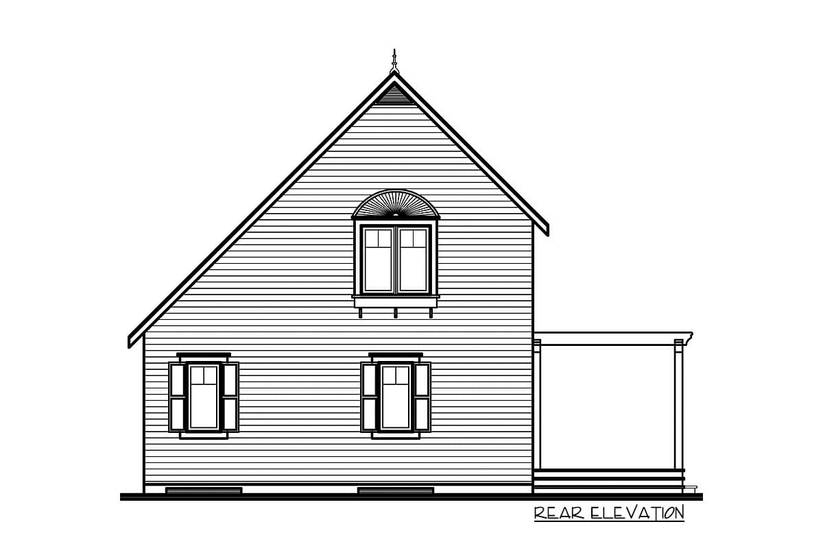 Rear elevation drawing showing a two-story house plan with a steeply pitched gable roof, arched dormer window, and side porch.