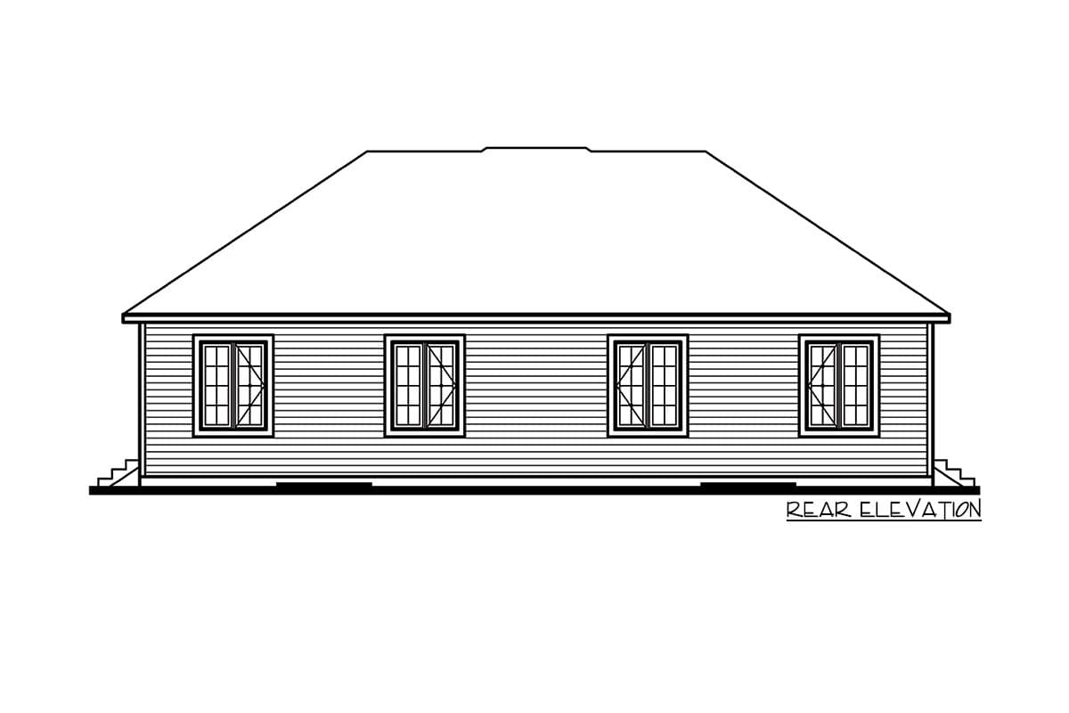 Rear elevation drawing of a one-story house with horizontal siding and a hip roof, featuring four multi-pane windows.