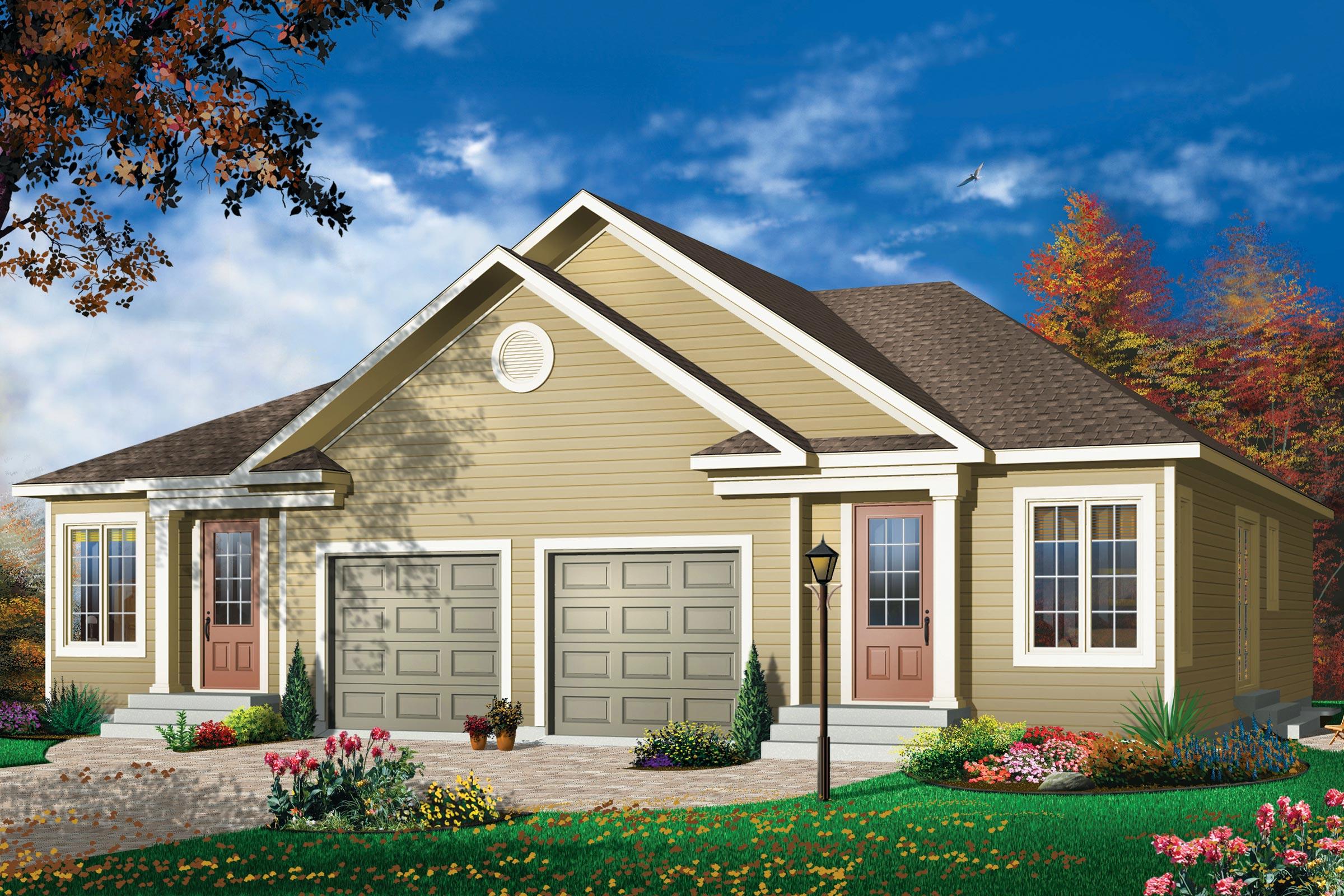 House plan exterior with a gable roof, two garage doors, and a central front door with a window. Single story.