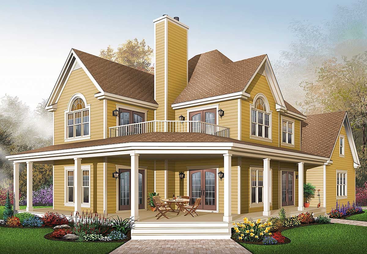 House plan exterior with two stories. Features a wraparound porch with columns, gables, and a balcony. Craftsman style with a tall chimney.