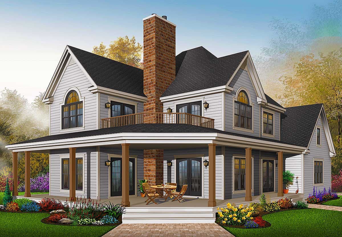 Two-story house plan exterior with wrap-around porch, prominent brick chimney, arched upper windows, and multiple gables.