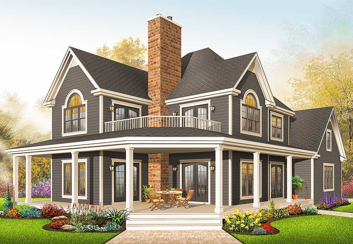 House plan exterior, two stories, wraparound porch, brick chimney, and arched dormer windows.