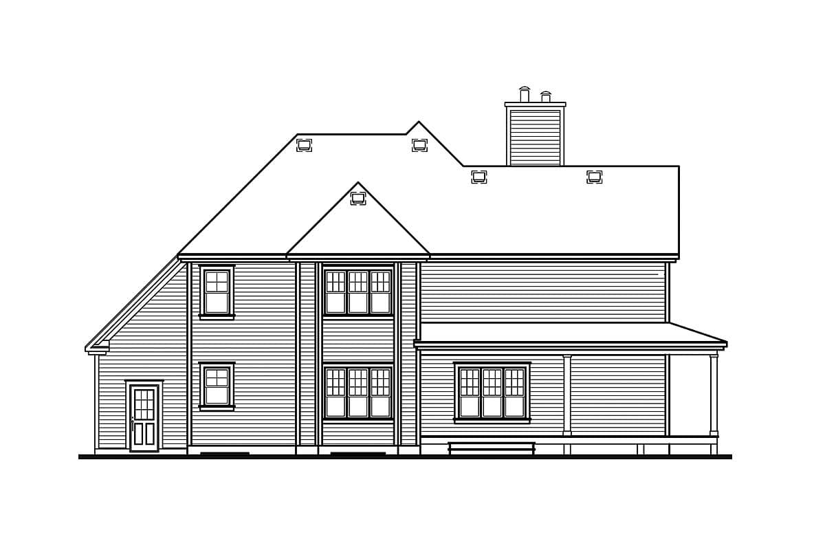 House plan elevation drawing shows side view of a two-story house with gables, dormers, chimney, and covered porch.