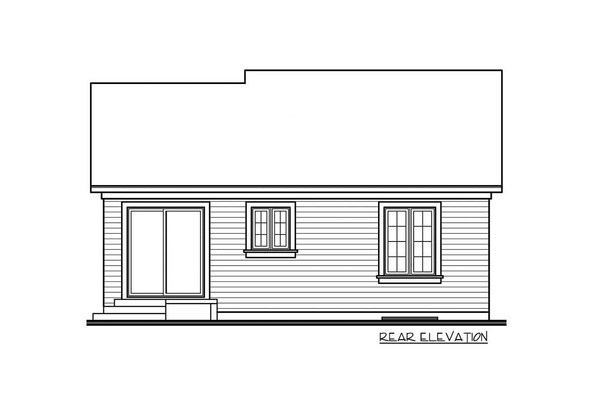 Rear elevation drawing of a house plan with horizontal siding, a sliding glass door, and two windows.