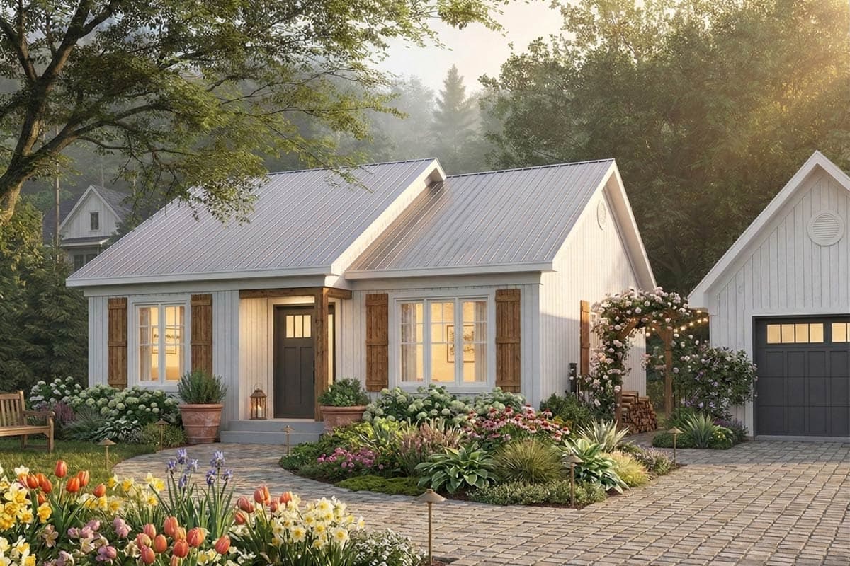 House plan exterior with board and batten siding, metal roof, and a covered front porch. Includes detached garage with gable roof.