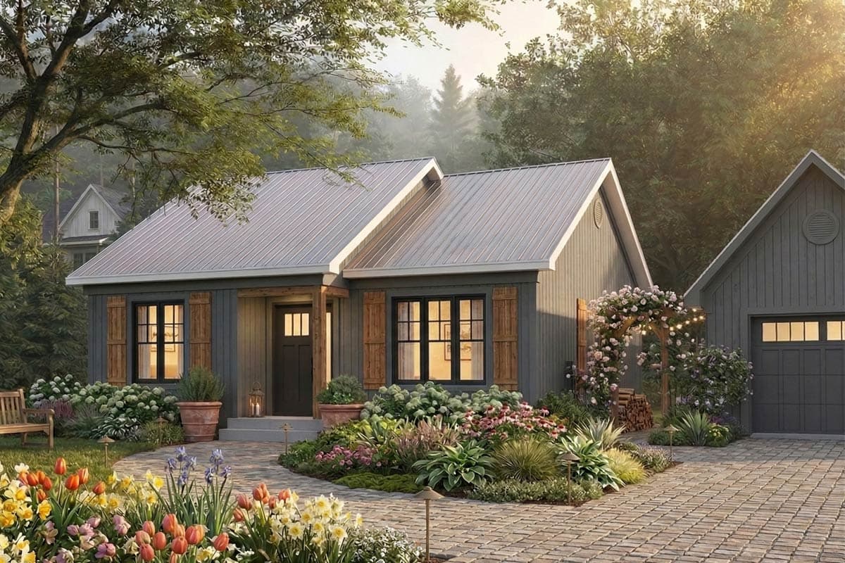 Modern house plan exterior with gabled roof, metal roof, covered porch, and attached garage with carriage-style door.