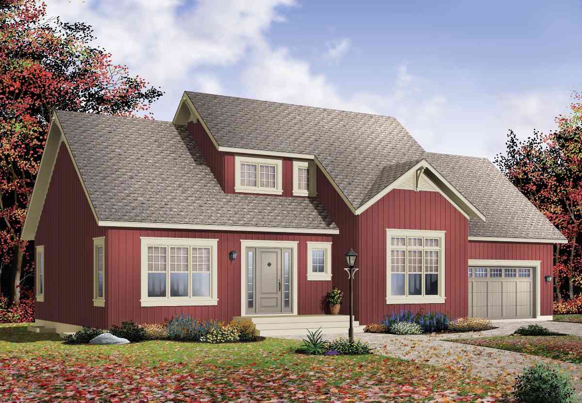Modern Farmhouse house plan exterior with a gambrel roof, prominent dormer, and attached two-car garage.