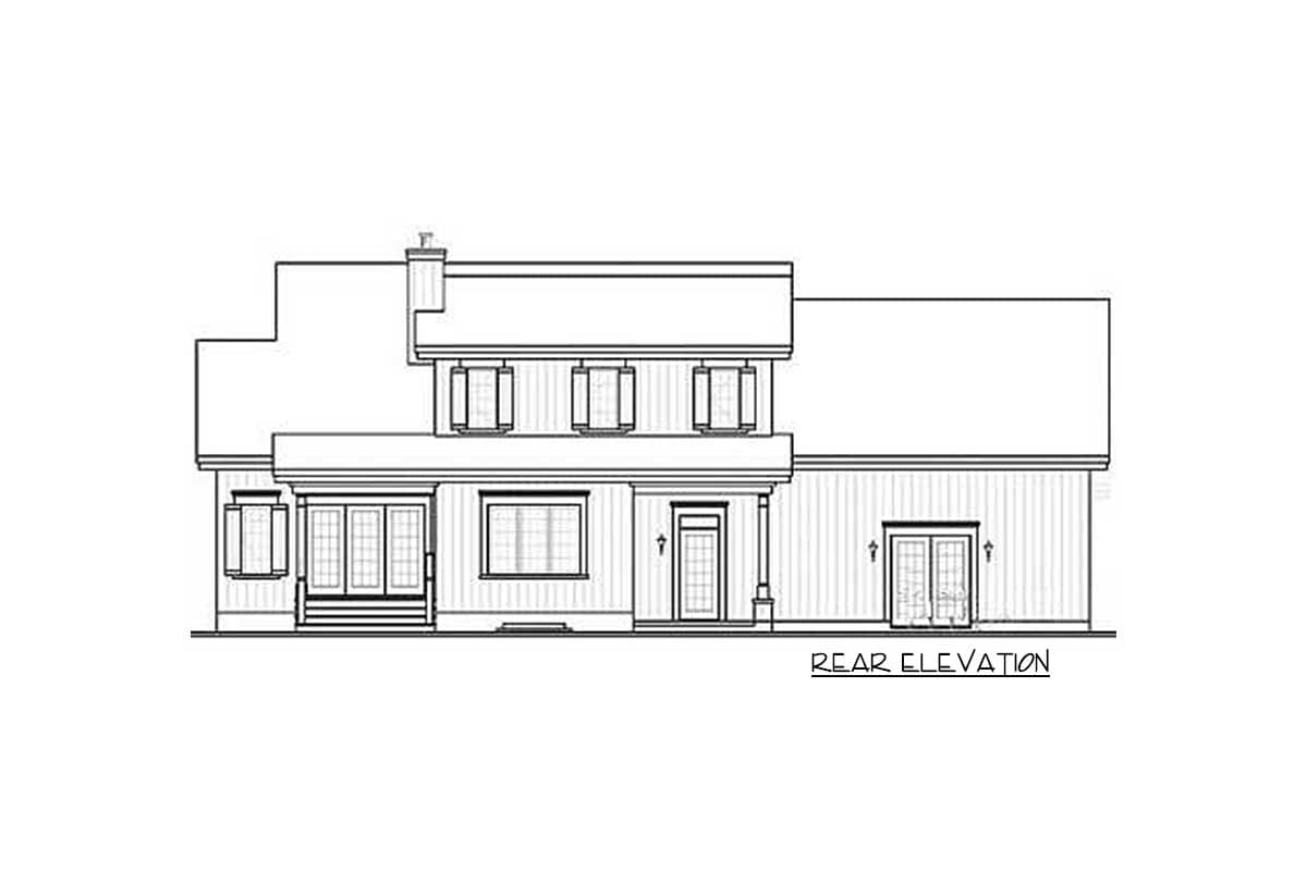 Rear elevation drawing of a two-story house plan featuring a central covered entry, dormers, and multiple windows.