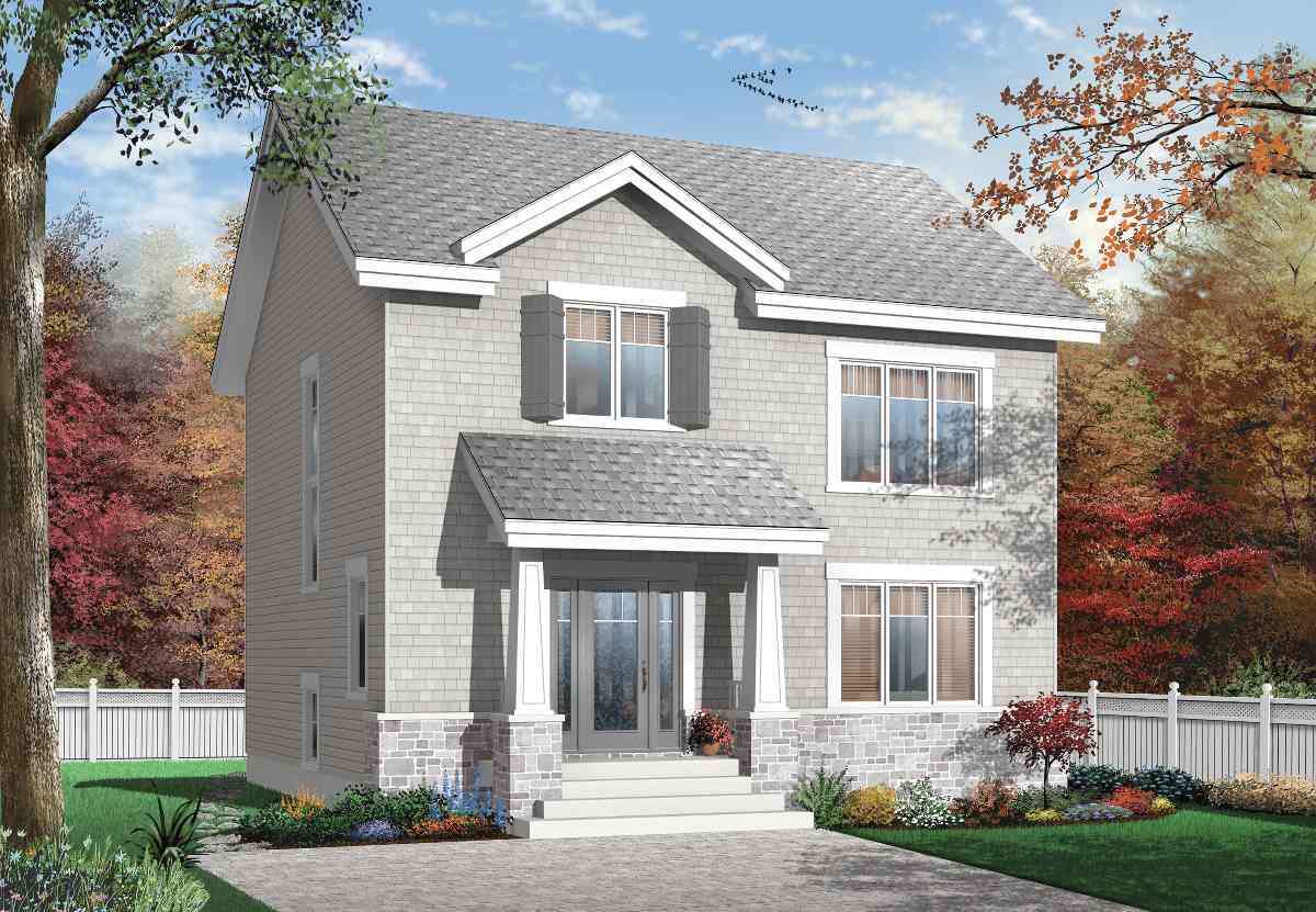 House plan exterior: two-story home with covered front porch, gable dormer, and stone base.