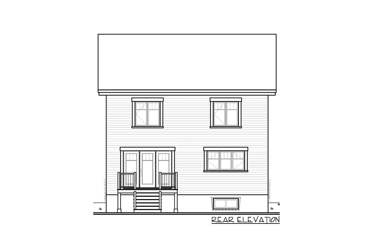 Rear elevation of a two-story house plan featuring double doors with small balconies, multiple windows, and siding.